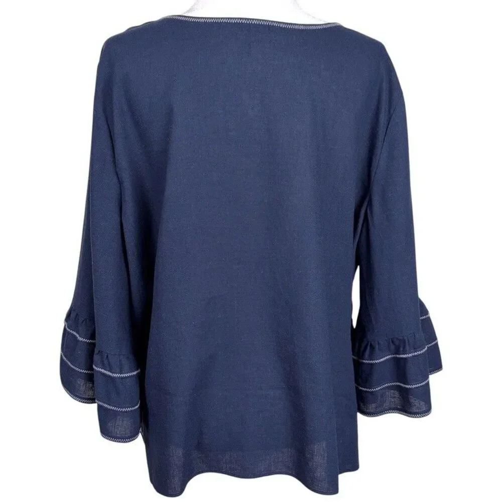 Nic+Zoe Linen Blend Bell Sleeve Blouse Navy Size XL
